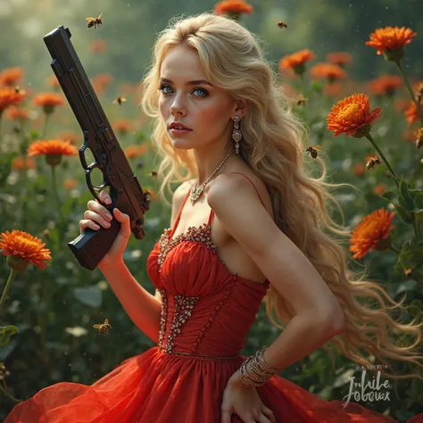 blond woman with blue eyes.  is wearing a red dress . in profile. Maquillage et bijoux. Dans un jardin. Beaucoup d’abeilles autour. Holds a gun.  realistic image. 