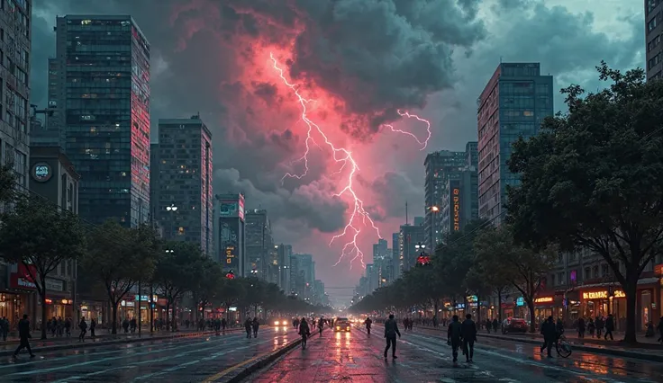 Create an image of the year 2017 on an avenue in São Paulo, of what the city would look like on a cloudy day, with thunder and lightning in the color red.
