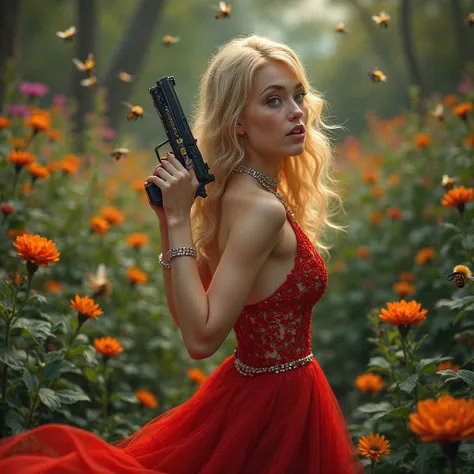 blond woman with blue eyes.  is wearing a red dress . in profile. Maquillage et bijoux. Dans un jardin. Beaucoup d’abeilles autour. Holds a gun.  realistic image. 