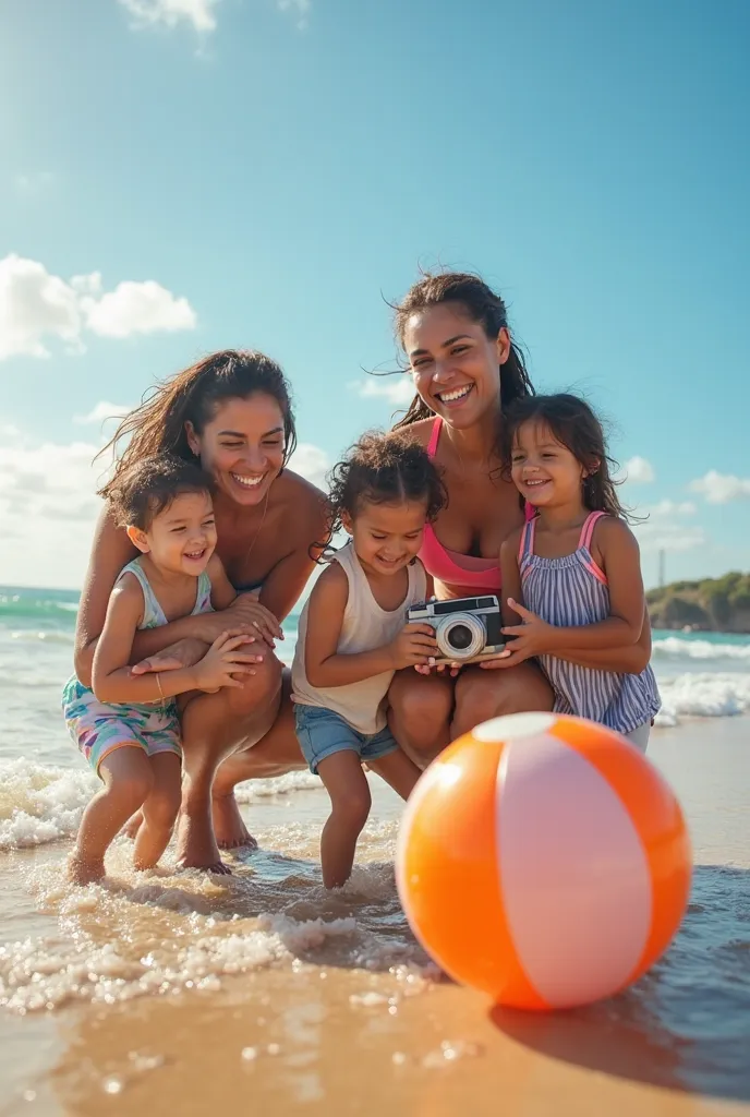 A family, spouses and three ren two girls and a boy with well-defined Latin characteristics, enjoying the beach playing with an inflatable ball and mom taking photos with a Canon digital camera.