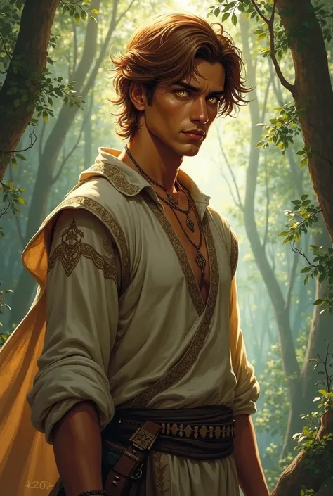 *"High fantasy illustration of a 26-year-old human sorcerer, with an average height and Slim yet defined build. His hair is a coppery brown hue, slightly wavy and reaches the middle of the neck. His face has Arabic features, Syrians or Persians, with a ser...