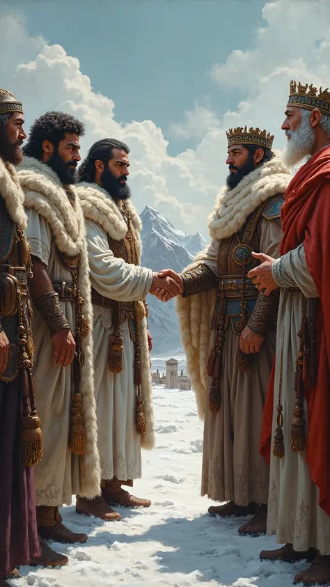 classical painting, ancient Renaissance fur coats from the Snow Warrior family, Roman garments with fur coats making an alliance, Shaking hands with allies