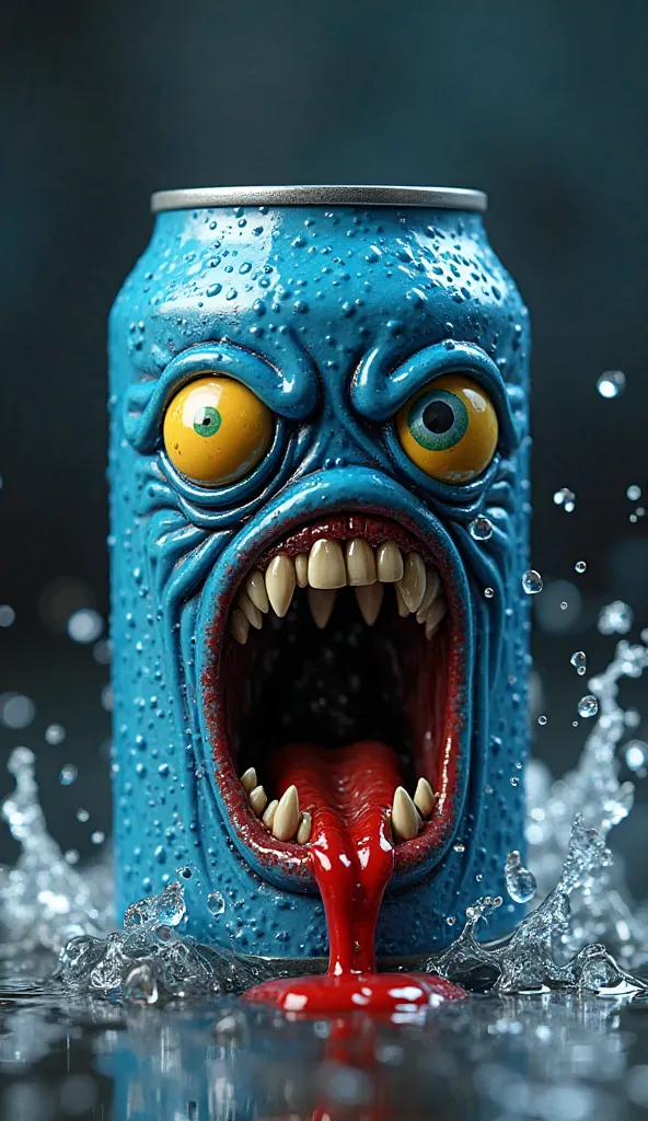 "A can of metallic blue soda with a monstrous and terrifying design. The can has a grotesque face merged with its surface, with rough, moist blue skin, large, uneven eyes (one yellow with a small pupil and the other blue with a dilated pupil).  His mouth i...