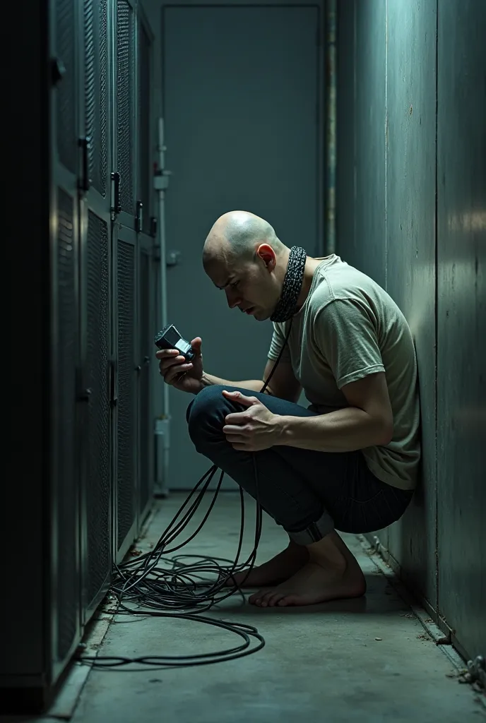 Completely bald 24-year-old boy crouched down a corridor near a power outlet, with the PC charger around his neck, with the PC in his hand that makes an extremely annoying sound 