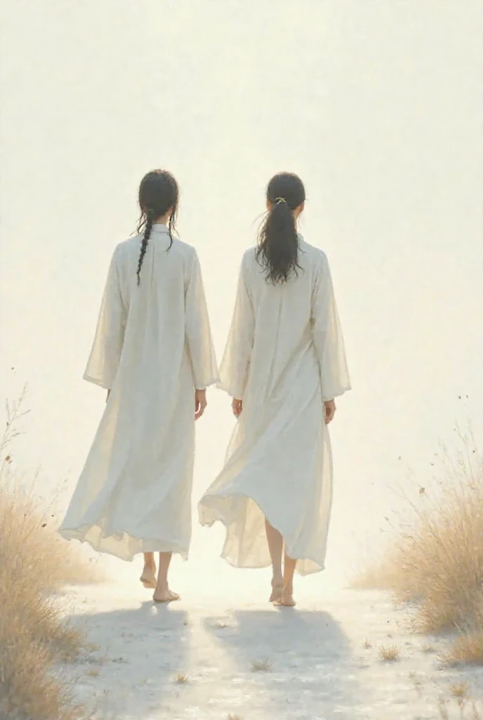 I want to create two people who are dressed in white with thin faces going home 