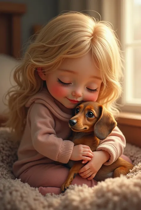 Create a picture of a small wire-haired dachshund in the arms of a blonde girl. Rauhaardackel 