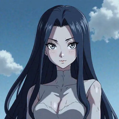 Can you make a character in the style of the animation series " Titans" (The 2003 series)? She has very long, straight and full hair of navy blue color with silver highlights. Her skin is extremely white with silver undertones and she has silver irises in ...