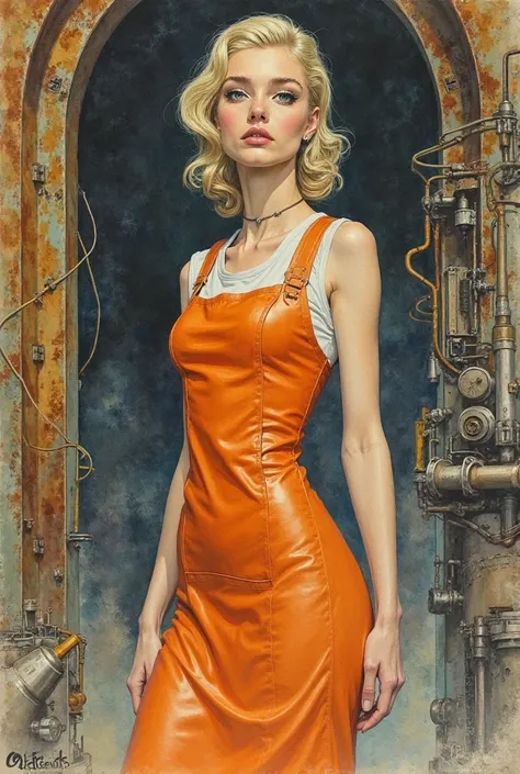 A detailed watercolor painting of a slender blonde woman in a tight orange pvc apron. Science-fiction atmosphere. Rusty steel environment. Style of Philippe Druillet. Style of Moebius. Style of Métal Hurlant. Ornate dystopian background.