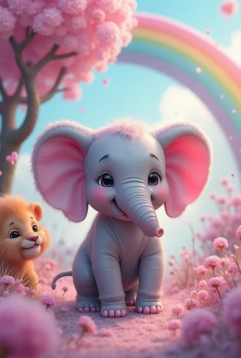 Baby elephant pink and purple, lion baby cotton candy tree and a rainbow 