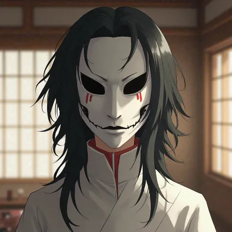 An anime character with a mysterious and enigmatic presence with. The individual wears a thick, stylized white anime mask that ((completely and seamlessly covers the entire face)), leaving low visible eyes, low visible nose, low visible mouth, as the mask ...