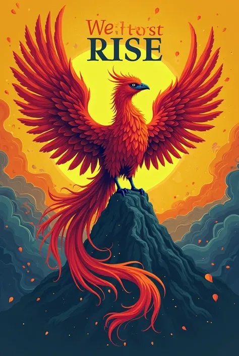 WE STAND, Yellow navy blue themed poster that says WE RISE, A design with a phoenix in the background with the inscription WE GIVE OUR LIVES