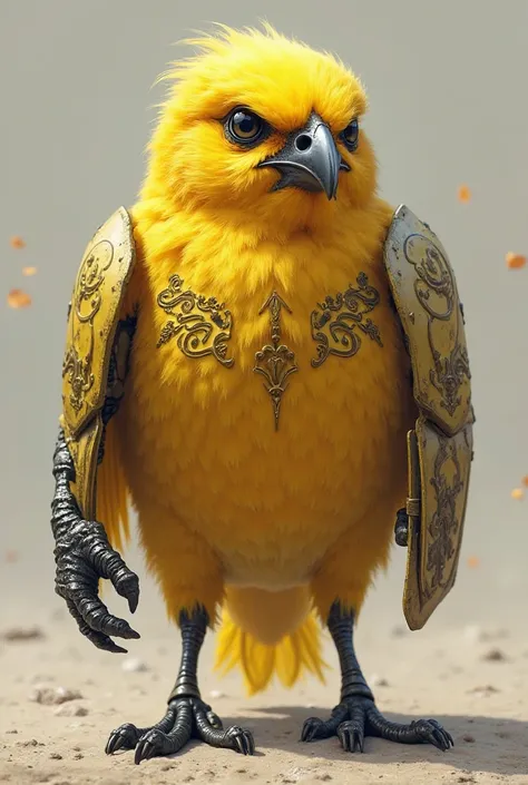 Yellow canary, with steel armor, strong and tattooed angry face