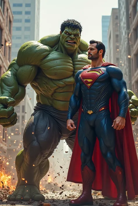 Superman and Hulk, standing together, prepare to face Captain America and Spider-Man. Superman, with his powerful build and glowing blue suit, stands confidently next to the towering Hulk, whose green muscles ripple with strength. The ground beneath them s...