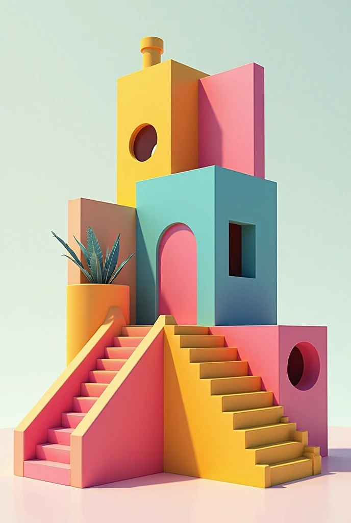 A non-existent structure with simple forms, coloured, but well developed with stairs 