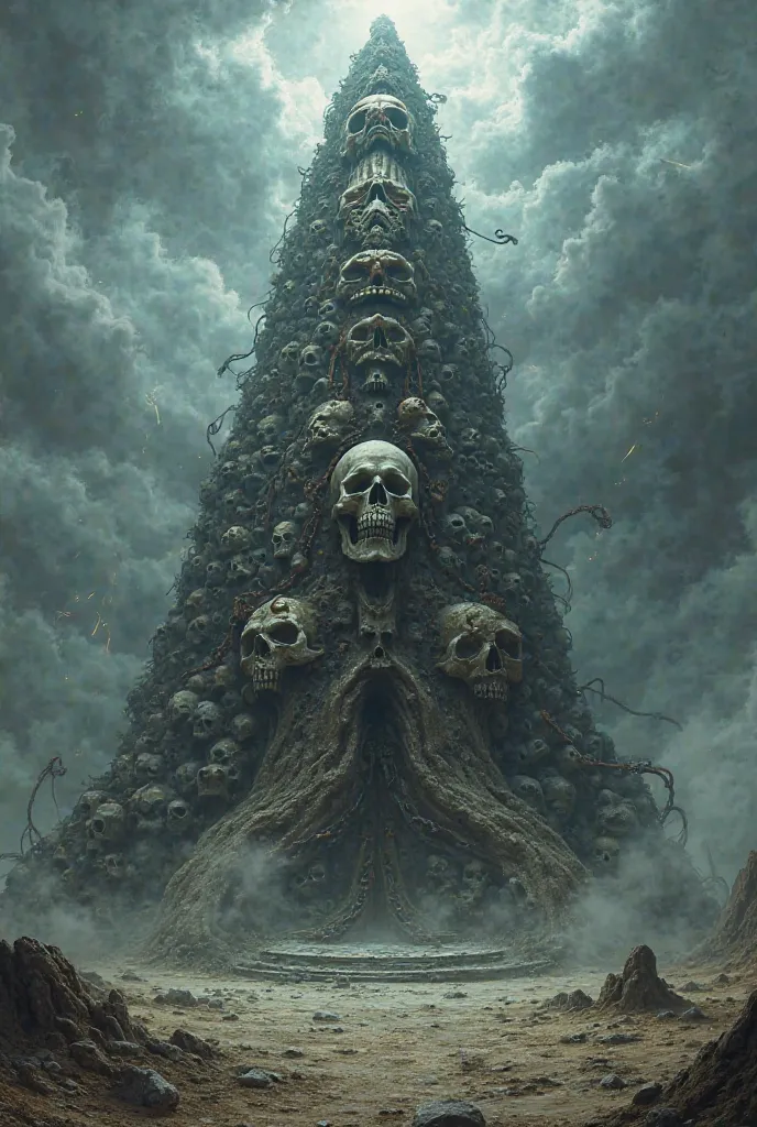 From a bird’s-eye view, an immense tower stretches upward into a turbulent sky, constructed entirely of stacked skulls. The skulls are fused together in a twisted, unnatural formation, their hollow eye sockets and jagged teeth forming a grotesque, ever-gro...