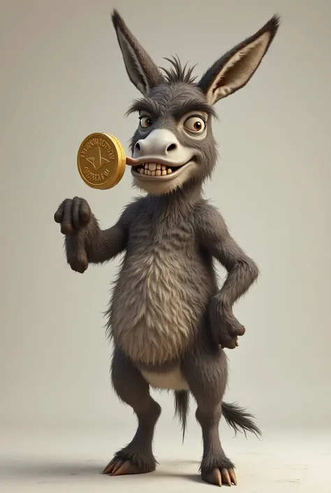 An adult donkey is standing on his back he has a coin, he's an illegitimate and plain background. 