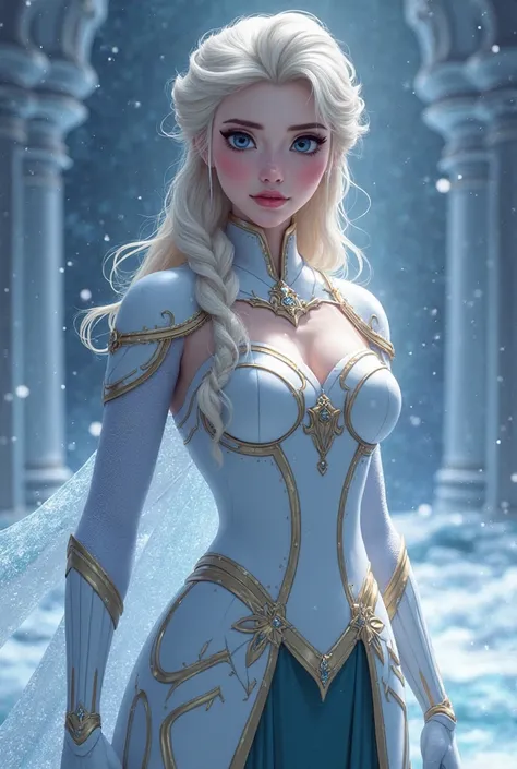 Create me a Korean manwha-style fanart image with Elsa from frozen , with loose hair serious expression with a voluptuous body with a white and gold warrior's armor with small diamonds set against the background of galaxies in a temple of glass in ice.