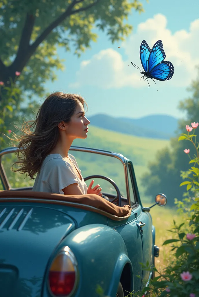 A woman drives a car and follow a blue butterfly digital art illustration 