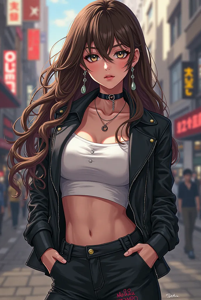 Anime girl long curly brown hair , Wearing a black gang jacket , With white cropeed , And the black pants from the Tokyo gang