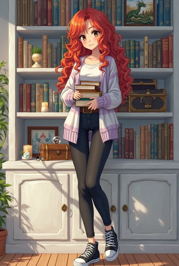 Slim anime or manga style girl with long red curly hair and brown eyes, dressed in black pants, high black converse shoes with white ankle socks, white tank top and a white and lilac striped cardigan. She stands in front of a white bookcase full of fantasy...