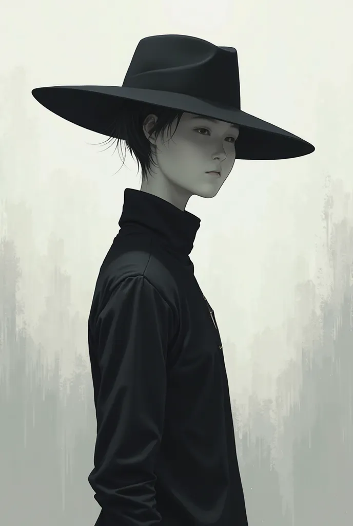 Make a faceless white anime character with a black hat