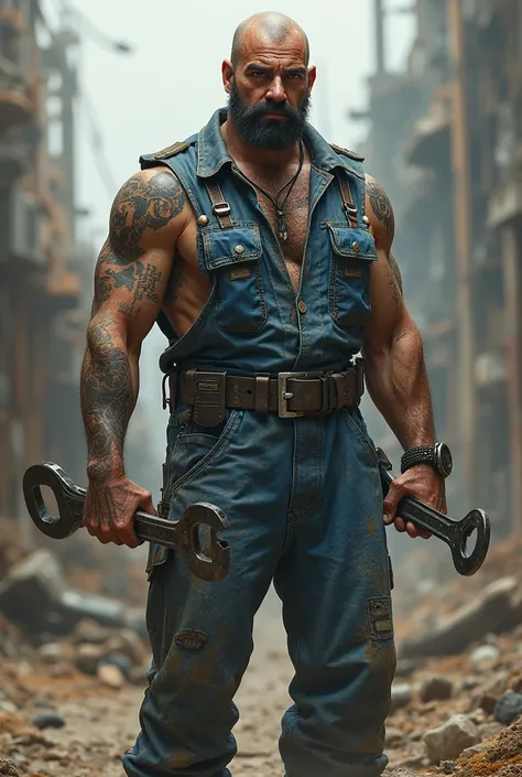 Create an RPG character whose mechanic wears a bald blue jumpsuit tattooed with a mustache and a black goatee in a post-apocalyptic world with two wrenches in his hand as a weapon