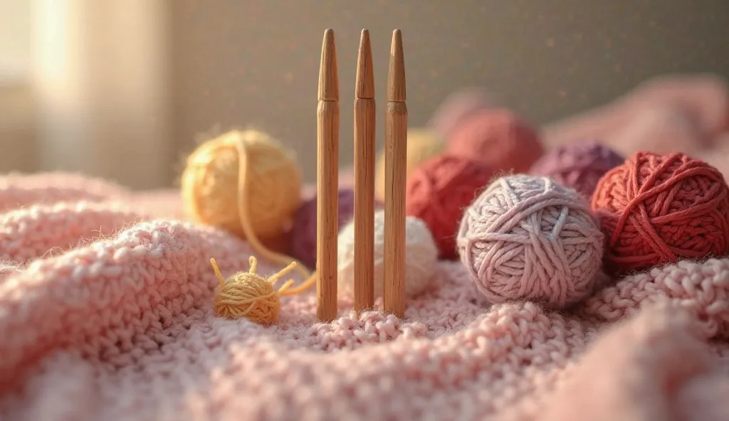 against the background of the texture of knitted fabric lie bamboo knitting needles, multi-colored balls of thread