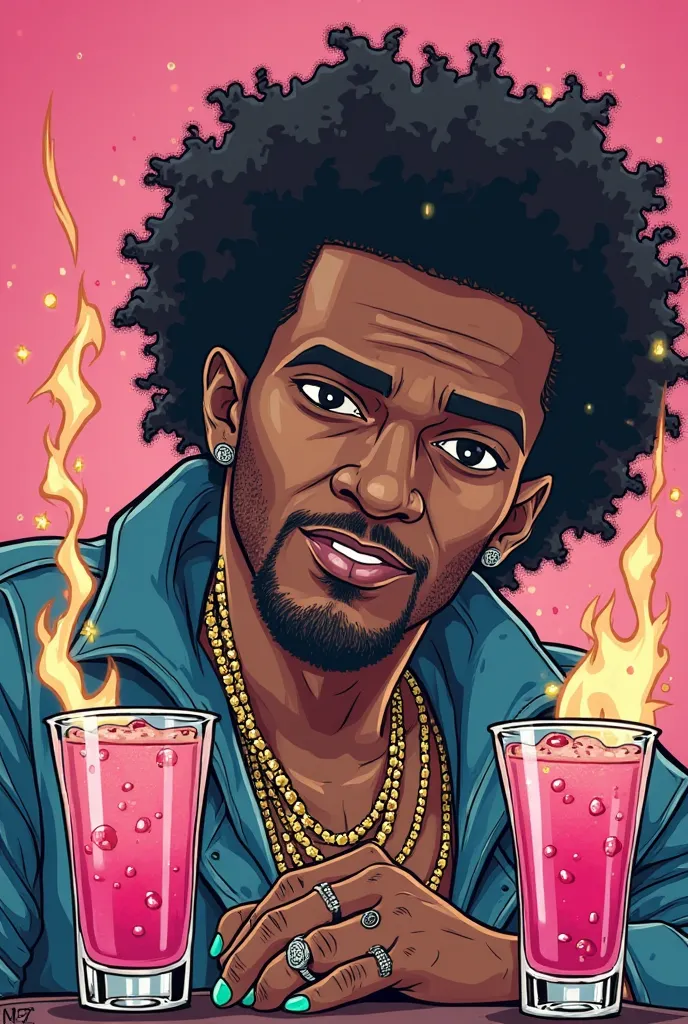 MAKE A TRAP COVER WITH CARTOON DRAWINGS WITH BURNING CIGARETTES AND PINK DRINKS IN THE GLASSES AND 3 MALE CHARACTERS IN THE CARTOON, ONE WITH WHITE SKIN AND THE OTHER 2 WITH DARKER SKIN, PUT JEWELRY AND BONNETS ON THE CHARACTERS, MAKE A GANGSTA RAP STYLE C...