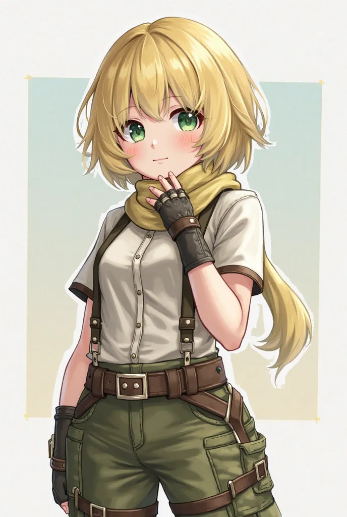 A green-eyed girl with short blond hair, , the front locks are longer than the rest of her hair, there are bangs . Wearing a shirt with straps, scarf, fingerless gloves, breeches with multiple pockets and boots. Perform in a realistic style