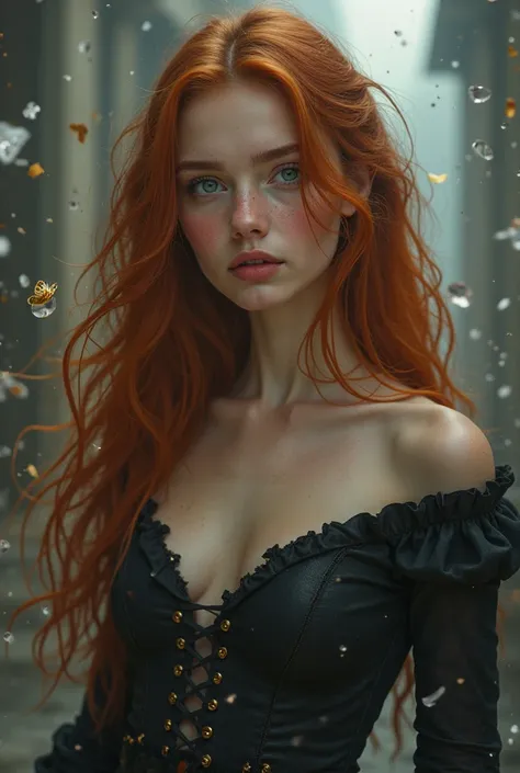 (solo, full body photo:1.3), (action packed:1.3), (haze, fog, mist:1.3), chiaroscuro, best quality, photorealistic, 1woman, (cute), (24yo:1.2), redhead, long ginger hair highly detailed, 1700'S, digital photography, art by artgerm and ruan jia and greg rut...