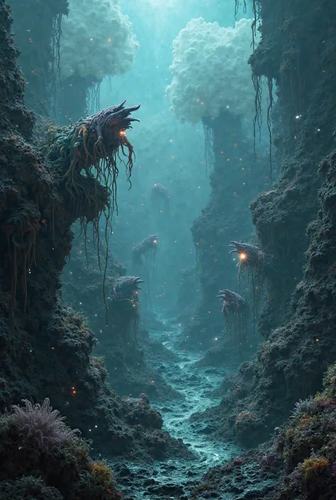 Imagine an abyssal landscape with hydrothermal vents and creatures that feed on chemosynthetic bacteria.

 