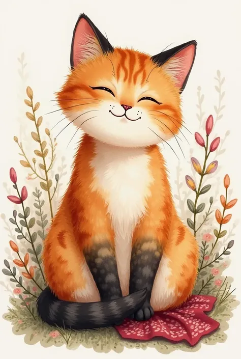 I want the logo of a cat I paint whatever color is orange and black, that has a wine handkerchief and that has a tender position in a full body. Painted in watercolor 