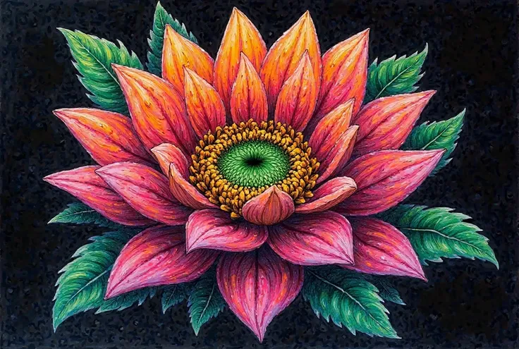 a drawing of a flower with many colors on it's petals and leaves on a black background with a green center, artist, cloisonnism, swirly vibrant color lines, a color pencil sketch