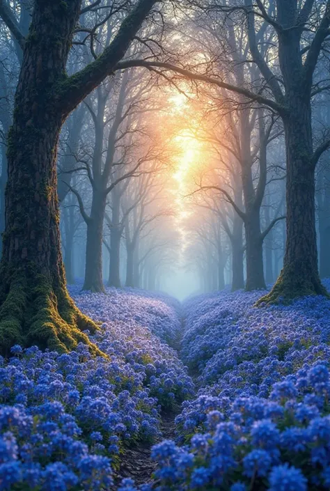 high resolution images, deep forest painting, blue flowers and trees, full forest, mysterious forest where magical creatures are hidden in branches, 8k, (High quality flowers in seven colors) forest believed to be inhabited by fairies, soft sunrise over th...