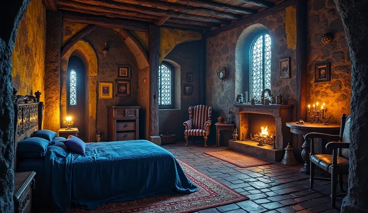 Dark Luxury Tavern interior, bedroom, medieval style tavern, single bed, fireplace, table and chairs, color scheme: royal blue and yellow accents, dark tone and ominous lighting, ultra detail, nighttime, warm ominous glow from fireplace.