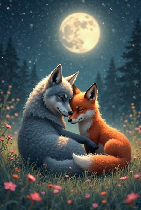 A grey wolf and a red fox snuggling with each other in a flowery field under a beautiful starry sky with an illuminating full moon over the both of them.