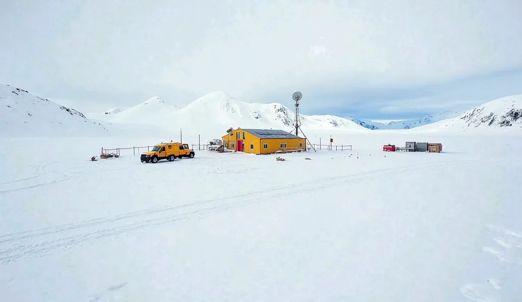 Antarctic research station nestled in snowy landscape, small cluster of yellow and red buildings providing scale against vast white surroundings, vehicle tracks in snow, communications equipment with satellite dish, distant mountains, documentary photograp...