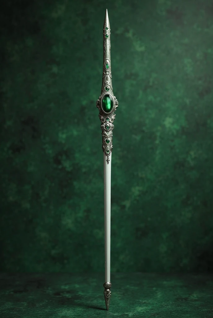 A long, thin rod in shades of white and green,  with an elegant and sophisticated design . Gray chrome details run through its, , giving it a subtle but impressive metallic sheen. Its refined finish reflects the cunning and ambition of Slytherin, structure...