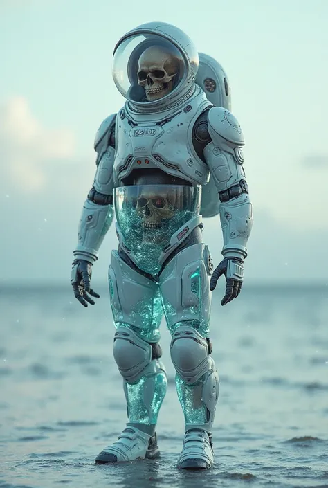 Make me a humanoid being in a spacesuit filled with water inside and also a human skull inside 