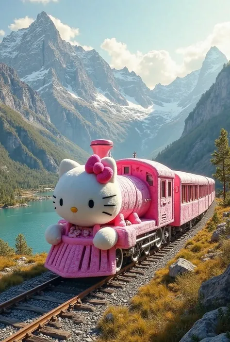 Voici un prompt détaillé pour obtenir une image hyper-réaliste de ton train Hello Kitty en peluche roulant dans un paysage de montagne :

Prompt :
*“A breathtakingly realistic photograph of a magnificent vintage train traveling through a stunning mountain ...