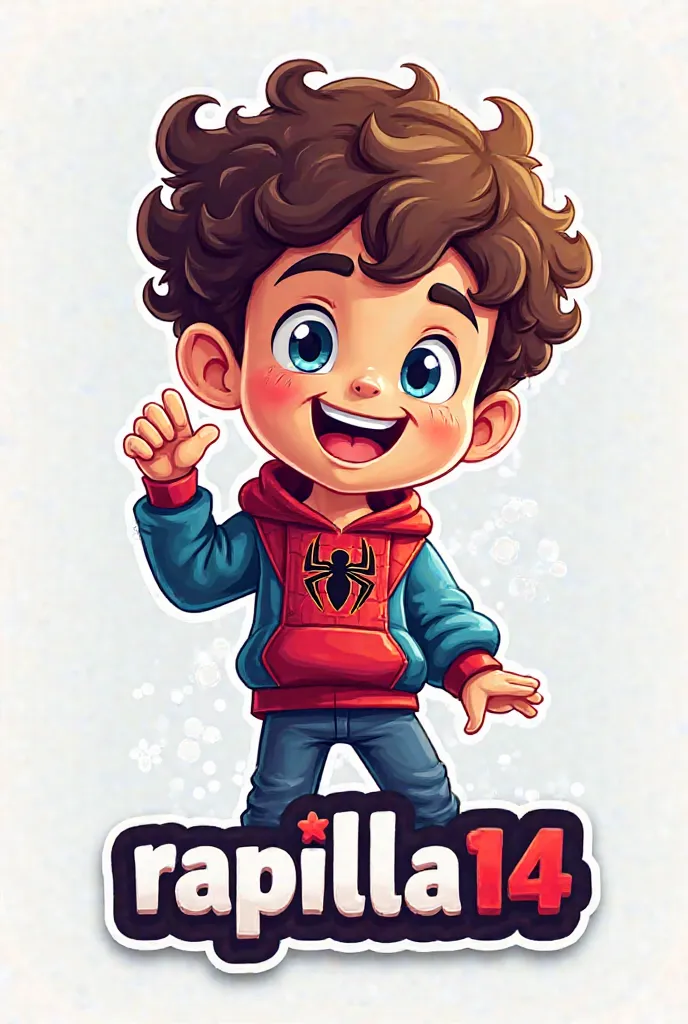 Create me a mascot logo where the mascot is a gamer boy with curly brown hair wearing a Spiderman sweatshirt and with the letters underneath "Rapilla14"