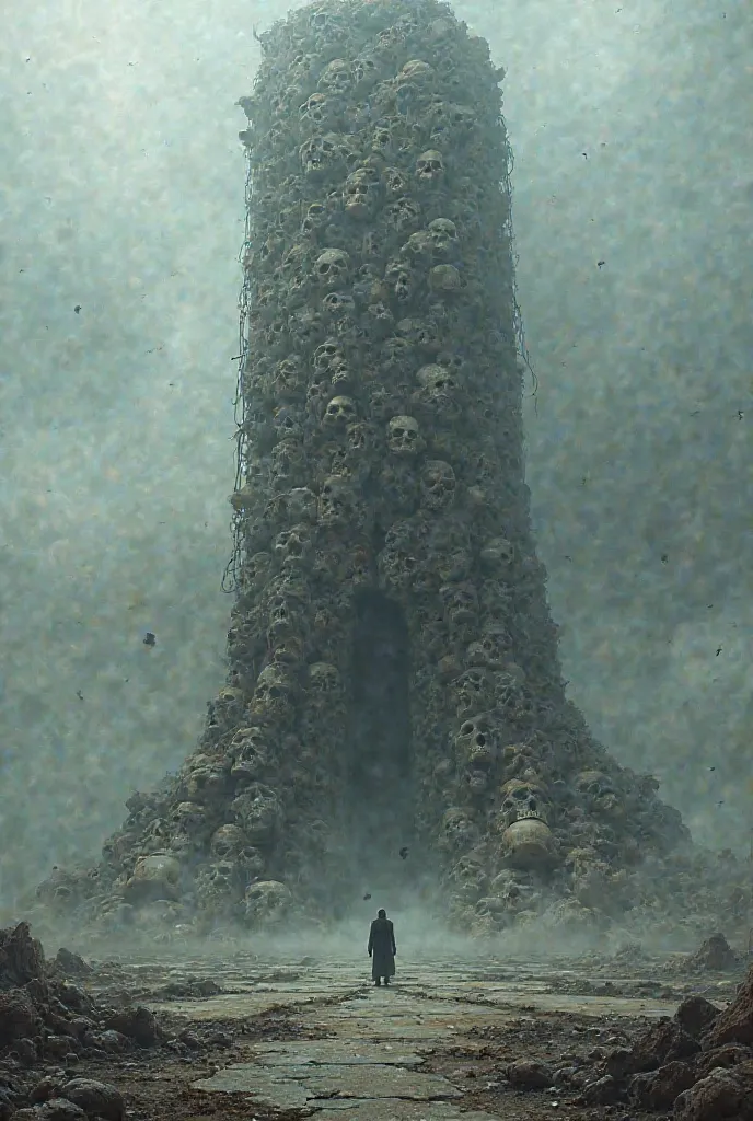 From above, an immense tower of skulls rises from the earth, stretching endlessly into the mist below. Its structure is a chaotic fusion of thousands of craniums, fused together in a grotesque display of bone and decay. Each skull is unique—some smooth and...