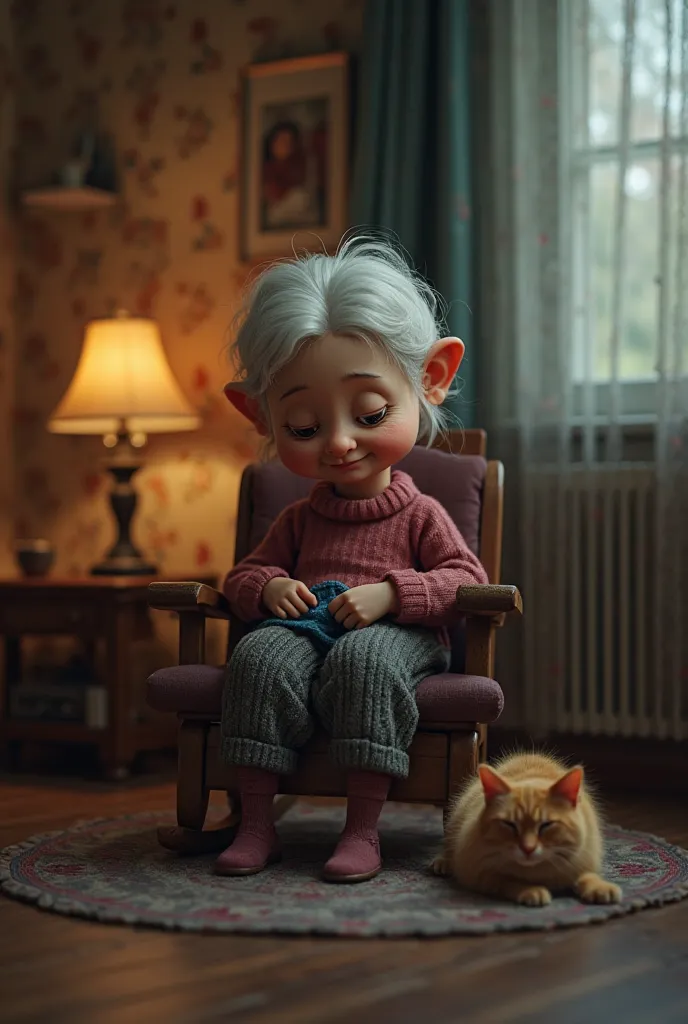 3d photo realistic exaggerated caricature of a little person who is an old grandma sitting all alone, lonely, in her rocker, in a dimly lit living room, looking downward, knitting a sweater. A cat sleeps on the rug in front of her.