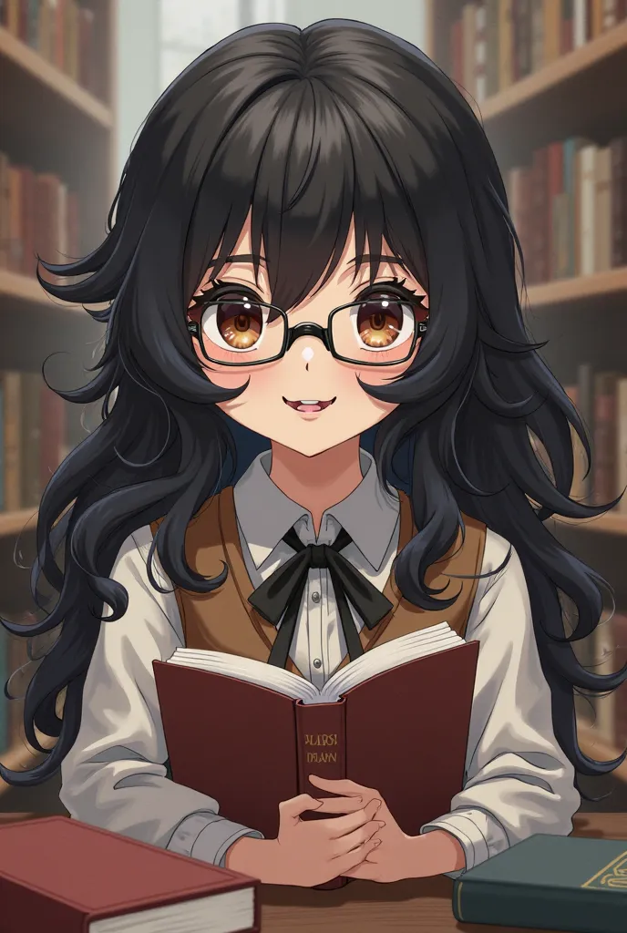  white, round face, cheeks, long, wavy black hair , brown eyes,  thick black eyebrow , glasses, dental appliance with books wrapped and holding a book 