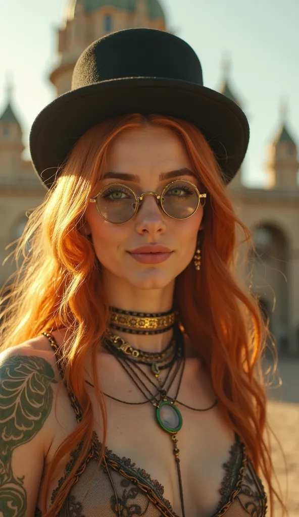 A beautiful and young woman with a steam punk style wears a golden eyepieces and a black top hat with a gorgeous necklace in a warm and golden light. She has a long flowing copper red hair, a pleasant smile, green  thin lips and her thin skin. She is absol...