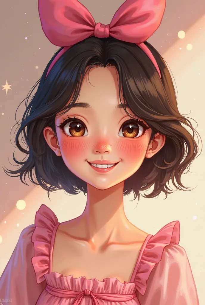 Asian woman, medium skin, bunny teeth smile, freckles across the nose, brown eyes, short dark brown hair, bow in hair, pink dress.