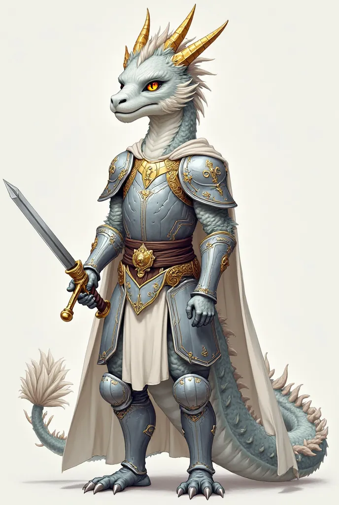 alone，Strong body type，Wearing silver whole body armor，youth，light gray dragon，Light gray body，light gray skin，white belly，Silver plush dragon tail，hairy dragon tail，golden eyes，Golden Dragon Horn，Full of majesty，Sunny and cheerful，Paladin，holding sword wi...