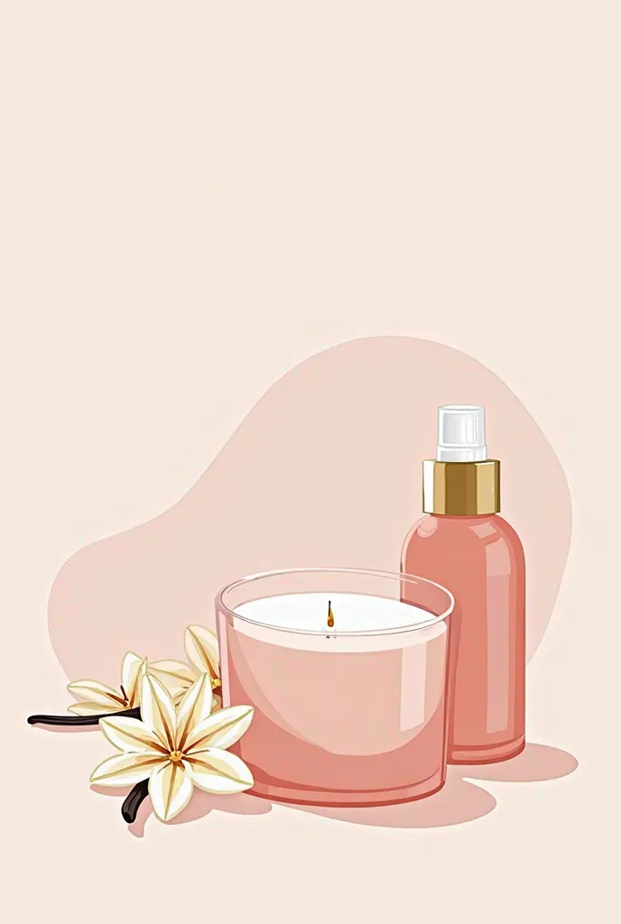 Create sophisticated and minimalist illustrations for a collection of scented candles, home spray and herbal bath with vanilla fragrance. The design must follow a monochrome style in shades of pink, Here's the exact tone to follow #e5b1B1, with elegant gol...