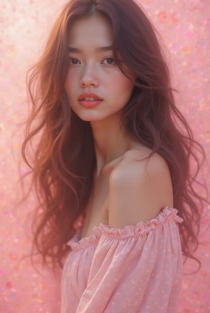 woman　long hair　The background is light pink