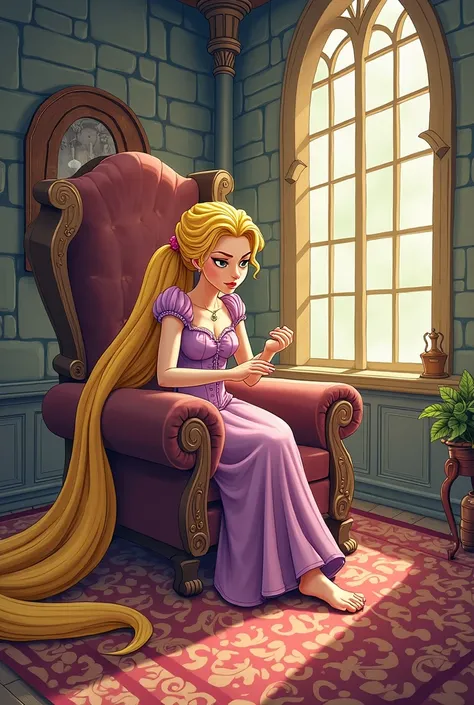 Draw in Rapunzel's cartoon-like drawing. Who sits on a chair in her tower and sternly shows her feet a little dirty 